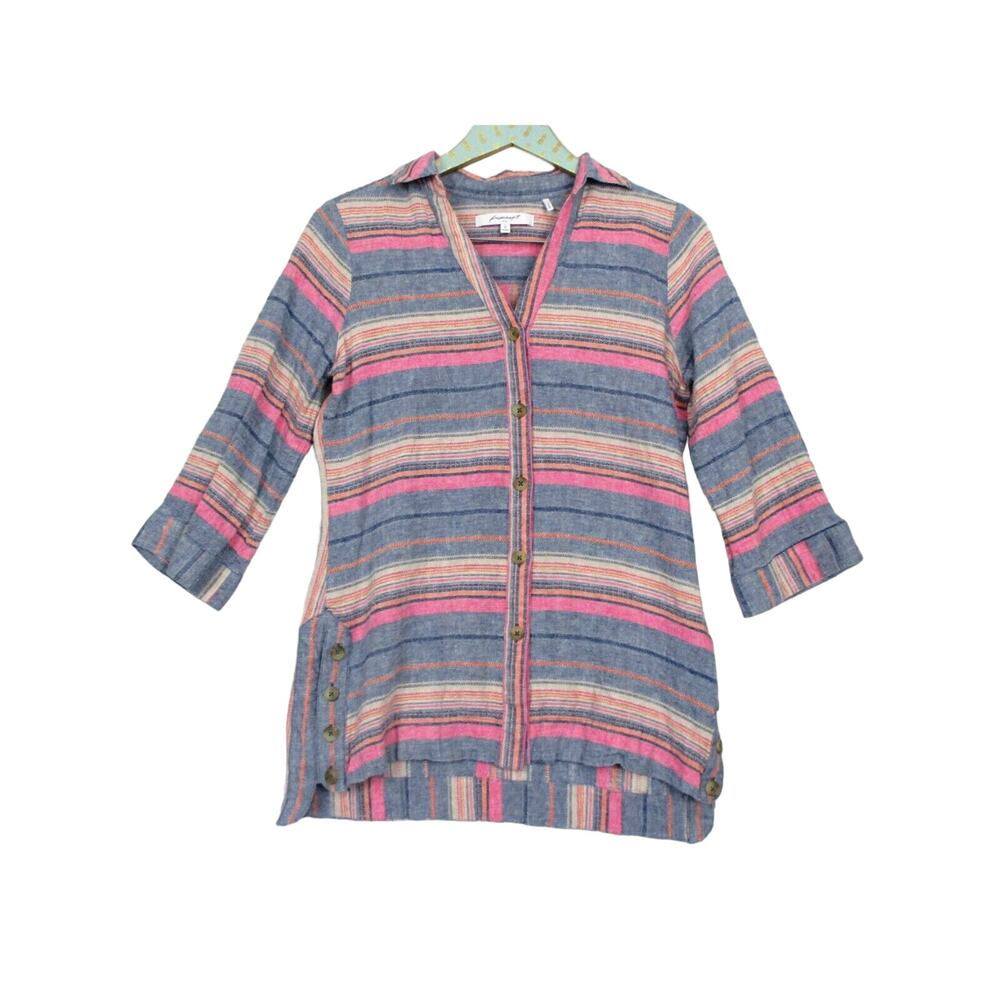 Foxcroft Shaped Top Size 6 Women Linen Blend Tunic Button Down Striped Blue Pink